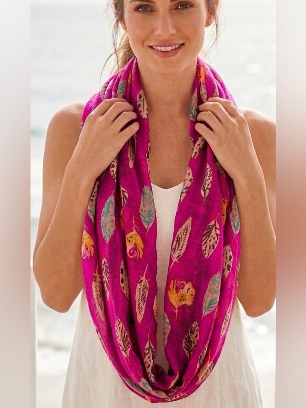 Vibrant bohemian scarf lightweight Pink Feather Print eternal Scarf
